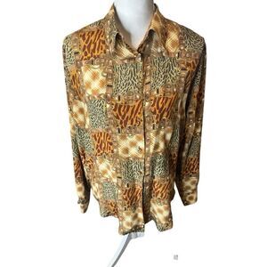 Allison Taylor Gray Brown 100% Silk Belt Buckle Animal Print Shirt Blouse Sz L